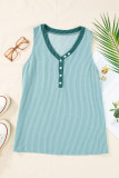 Mint Green Buttoned Contrast V Neck Textured Tank Top