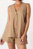 Khaki V Neck Open Button Tank With Shorts 2pcs Set