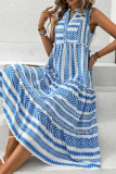 Boho Blue Striped Buttoned Sleeveless Maxi Dress