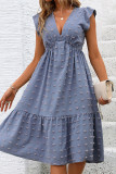 Blue Jacquard V Neck Ruffle Dress