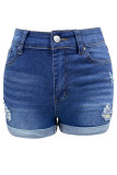 Blue Ripped Fold Hem Denim SHorts