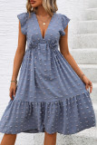 Blue Jacquard V Neck Ruffle Dress