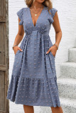 Blue Jacquard V Neck Ruffle Dress