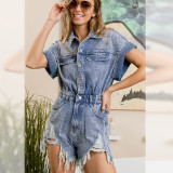 Plain Washed Buttoned Ripped Denim Romper