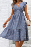 Blue Jacquard V Neck Ruffle Dress