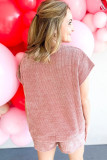 Rose Pink Two Piece Knitted Short Sleeve Top and Shorts Set