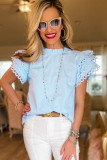 Beau Blue Layered Ric Rac Cap Sleeve Frilled Neck Blouse