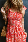 Red Boho Floral Self Tie Straps Smocked Bodice Long Dress