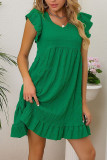 Plain Textured V Neck Ruffles Dress