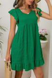 Plain Textured V Neck Ruffles Dress