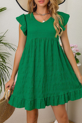 Plain Textured V Neck Ruffles Dress