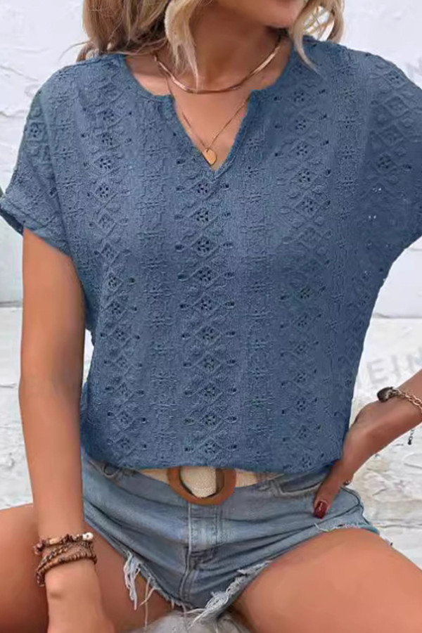 V Neck Jacquard Blue Short Sleeves Top