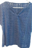 V Neck Jacquard Blue Short Sleeves Top