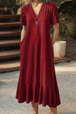 Plain V Neck Ruffles Hem Maxi Dress