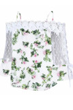 Off Shoulder Lace Splicing Floral Print Blouse