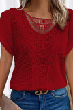 Plain Waffle Knit Splicing Crochet Lace Short Sleeves Top