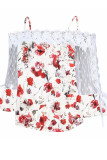 Off Shoulder Lace Splicing Floral Print Blouse