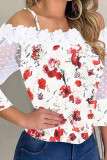Off Shoulder Lace Splicing Floral Print Blouse