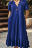 Plain V Neck Ruffles Hem Maxi Dress