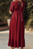 Plain V Neck Ruffles Hem Maxi Dress