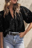 Black Flower Embroidered Hollow-out Puff Sleeve Blouse