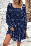 Spot Print Square Neck Smocked Ruffles Dress