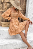 Spot Print Square Neck Smocked Ruffles Dress