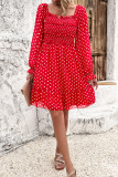 Spot Print Square Neck Smocked Ruffles Dress