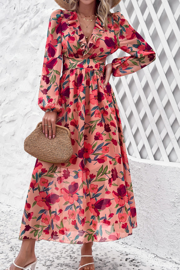 Ruffles V Neck Hollow Out Waist Maxi Floral Dress