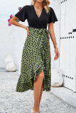 Black Eyelet V Neck Top Splicing Printed Bottom Ruffles Dress