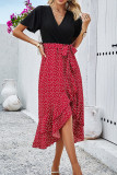 Black Eyelet V Neck Top Splicing Printed Bottom Ruffles Dress