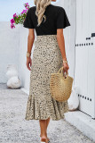 Black Eyelet V Neck Top Splicing Printed Bottom Ruffles Dress