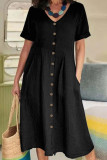 V Neck Button Loose Fit Plain Dress