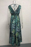 Palm Tree Print V Neck Maxi Dress