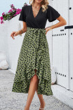 Black Eyelet V Neck Top Splicing Printed Bottom Ruffles Dress