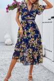 Floral Print V Neck High Waist Flare Sleeves Maxi Dress