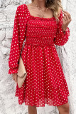 Spot Print Square Neck Smocked Ruffles Dress