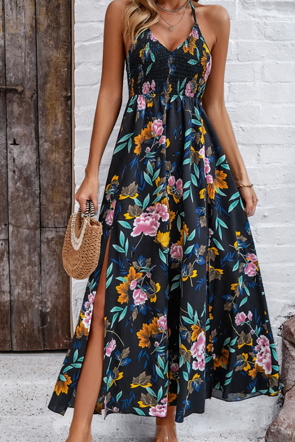 Halter Neck Floral Printed Split Dress