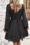 Spot Print Square Neck Smocked Ruffles Dress