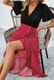 Black Eyelet V Neck Top Splicing Printed Bottom Ruffles Dress