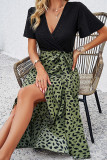 Black Eyelet V Neck Top Splicing Printed Bottom Ruffles Dress