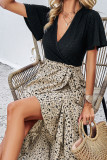 Black Eyelet V Neck Top Splicing Printed Bottom Ruffles Dress