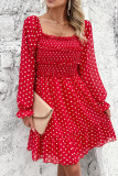 Spot Print Square Neck Smocked Ruffles Dress