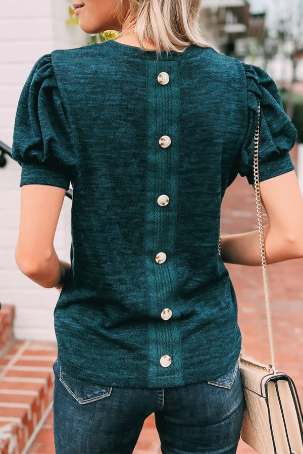 Blue Sapphire Solid Button Back Puff Short Sleeve Top