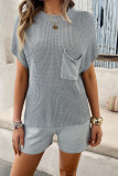 Plain Knitting Pocket Top and Shorts Set