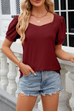 Plain Eyelet Square Neck Puff Short Sleeves Top