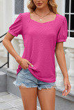 Plain Eyelet Square Neck Puff Short Sleeves Top