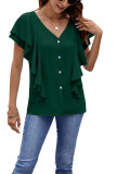 Plain V Neck Buttoned Ruffles Blouse