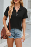 Plain Turn Down Collar Zipper Down Short Sleeves Shirt
