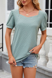 Plain Eyelet Square Neck Puff Short Sleeves Top